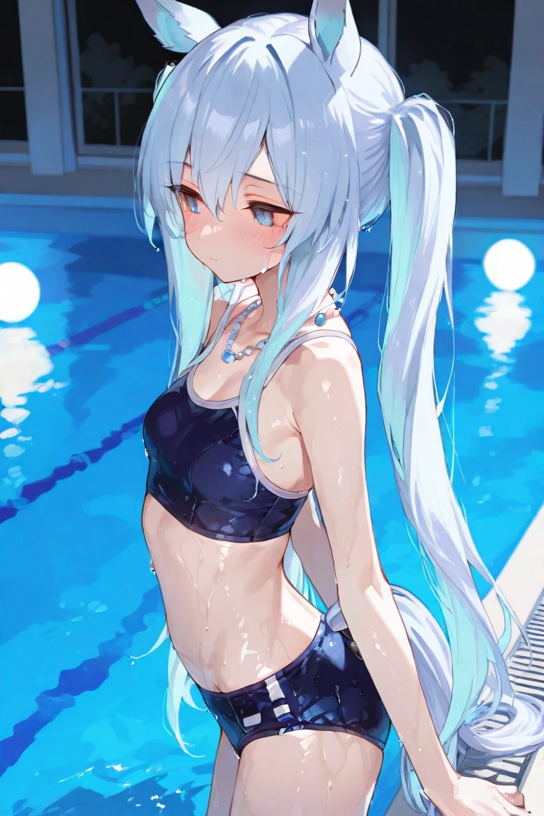 A cute li is skinny,The white bikini is gone,Cry,water spray,Very sad,Tears flowed,Raise one leg and put the other leg down