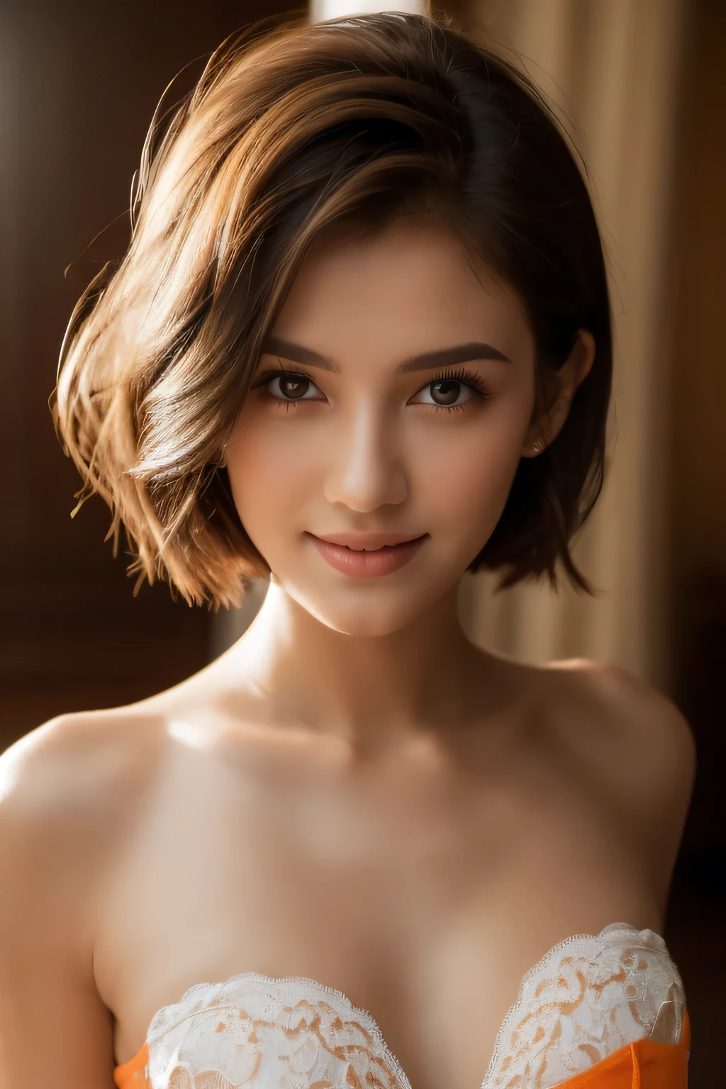 smile, Brown strapless bra, soft large breasts, Ukrainian Beautiful Woman, masterpiece, high quality, realistic aesthetic photo ,(HDR:1.2), pore and detailed, intricate detailed, graceful and beautiful textures, RAW photo,16K, (bokeh:1.1), cinematic lighting, focus on girl, 1girl, beautiful face, smooth skin, juicy lips, eye_shadow, ultra detailed, (Subsurface scattering:0.8), high resolution, world-class official images, impressive visual, perfect composition, seductive_pose, pussy line, short hair