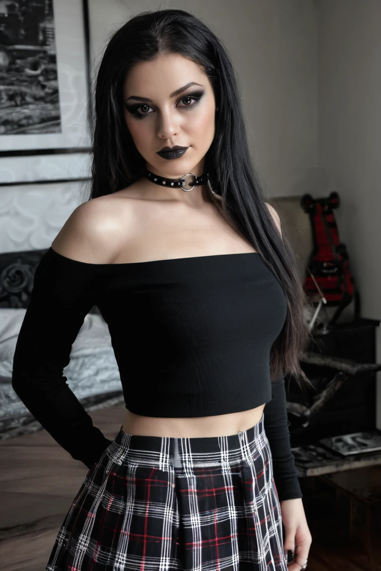 gorgeous feminine body, small breasts, full-body picture, soft goth smiling face, standing star pose, strapless sleeveless white bandeau, no sleeves, plaid mini skirt, black fishnet socks, white shoes, juicy thick thighs out, long black goth hair, (breasts focus), (from front:1.5) (from eye-level:1.3), (shoulders out:1.5), (thighs out:1.4), (breast out:1.4), (off shoulder:1.5), (heavy black makeup), (perfect hands, perfect anatomy)