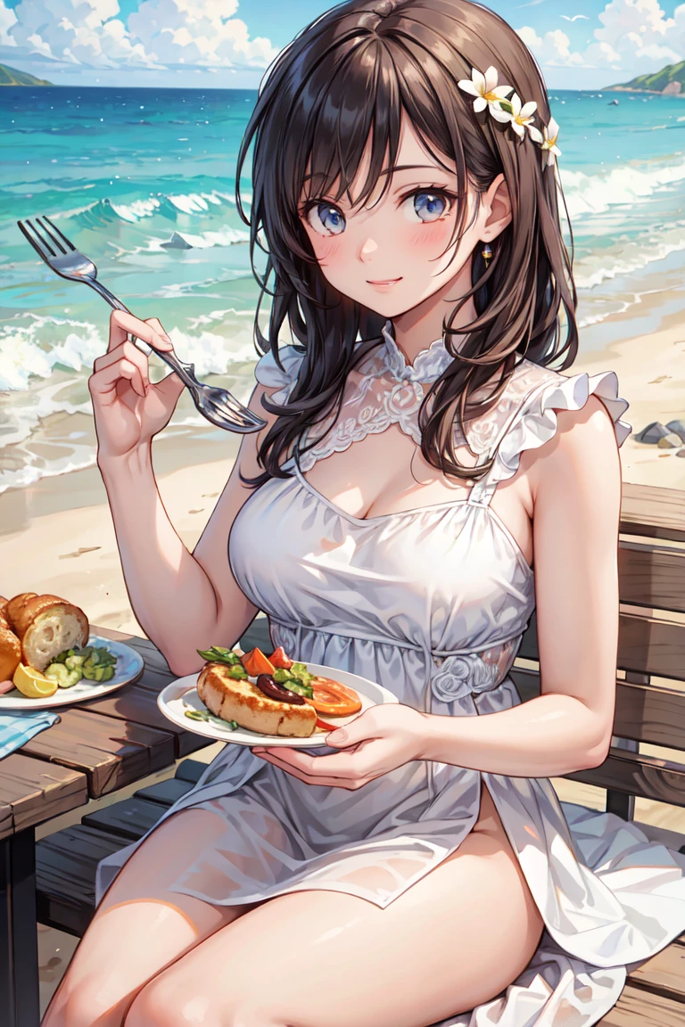 ((from above)), frame in, from right in front of face and body, view straight on, upper body, High quality, very high res, High quality, very high res, cute girl, brown hair, forehead, blunt bangs, bob cut, blush, blush, Brushed up bangs, (nude), topless, medium breasts, I can see your belly button, pink floral pattern fluffy skirt,, have a barbecue, standing, smile, at beach