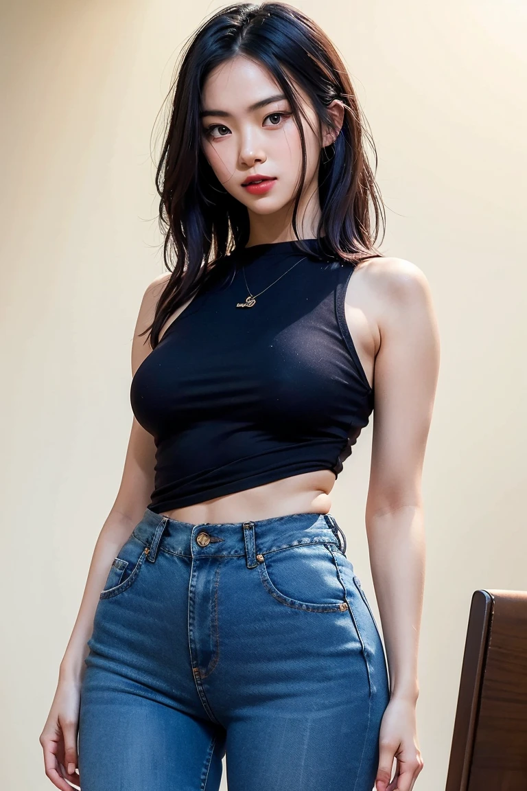 highly detailed face and body, 8k, 21 years old, model, tall, perfect body, passionate and cute look, long black hair, black eyes, knit top with high waisted denim pants, small firm breasts, light skin, sitting on table, cameltoe