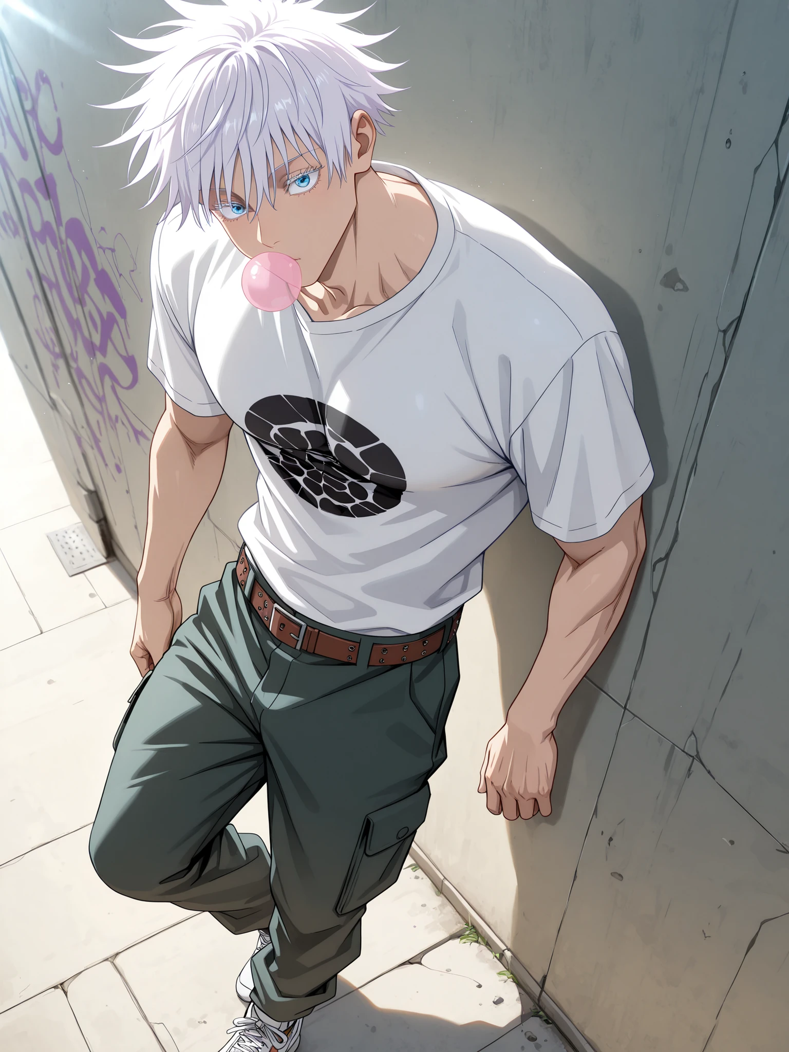 (masterpiece, best quality), amazing quality, very aesthetic, absurdres, highres, newest, HDR, 8K, anime style, cinematic, professional lighting, backlighting, dynamic angle, 1man, adult, male focus, gojou satoru, jujutsu kaisen, white hair, short hair, ((hair between eyes)), colored eyelashes, white eyelashes, blue eyes, intricate eye iris, detailed eyes, muscular male, sexy man, handsome man, handsome face, Leaning casually against a graffiti-covered wall, chewing gum, bubble gum, oversize tshirt, cargo pants, Rocky belt with rivets, sneakers, cool_man_style, cool man, stylish man, handsome man, male cool clothes, cool fashion, intricate clothes, intricate accessories, intricate patterns, cool, stylish,