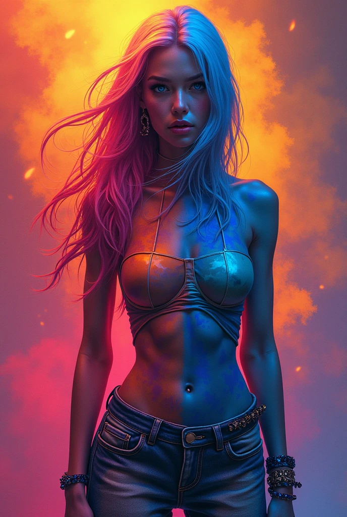 (obra maestra, Mejor calidad) Hermoso elemental de fuego, pelo largo de color rojo, cuerpo en llamas, bikini con estilo, en la playa, colores vibrantes