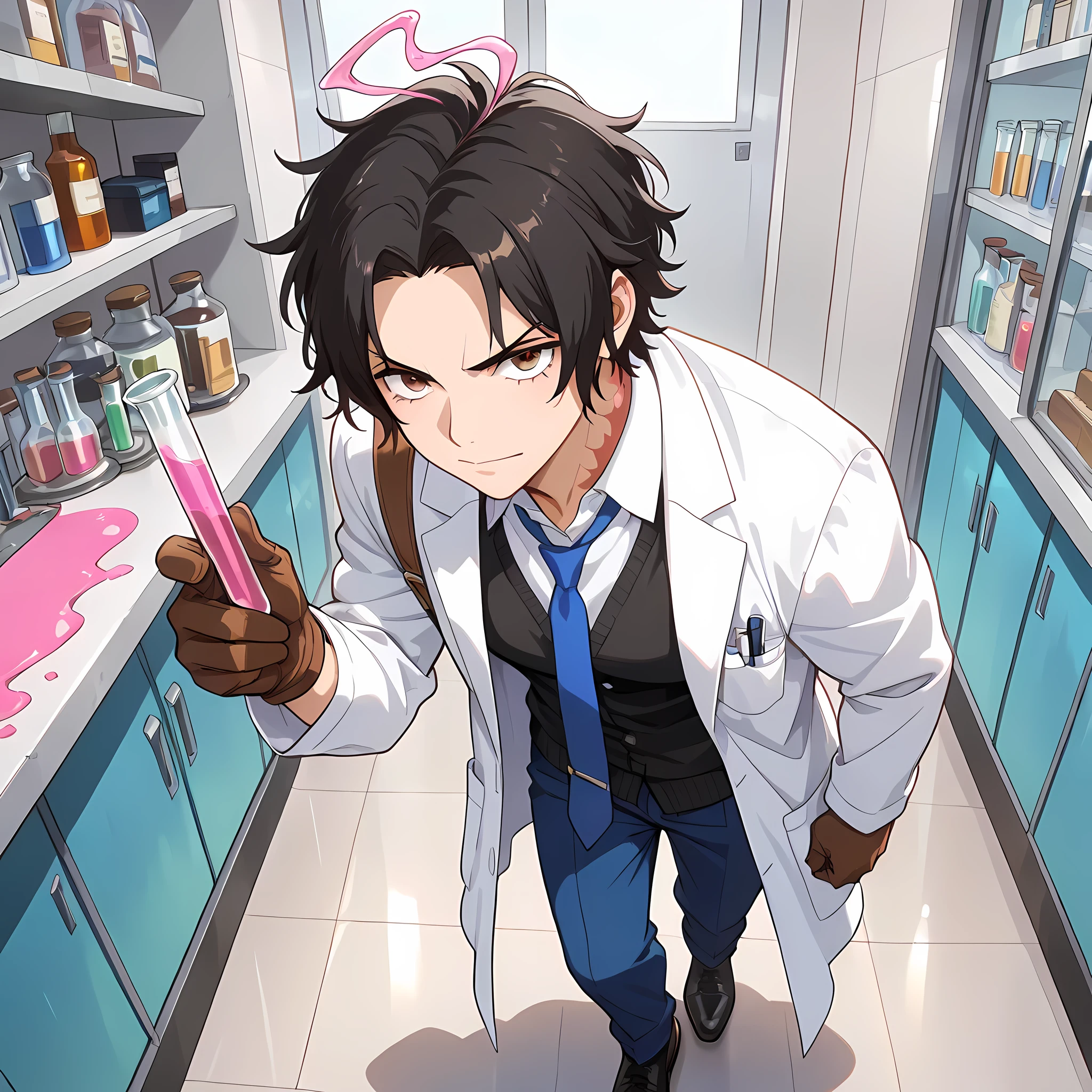 (high side angle), ((anime skin texture, 1 man walking through the laboratory, 1 man holding a test tube with pink liquid, perfectly detailed scenery, best image quality, full HD, perfectly detailed appearance, perfectly detailed eyes, 1 man, solo, Portgas D. Ace's appearance):1.10), {Portgas D. Ace}:((1 man, serious look, black hair spiky upwards, short hair styled upwards, spiky quiff, adult man, muscular and developed body, mature man, burn scar on his neck, brown eyes, black dress shoes, long white lab coat, blue long pants, white dress shirt with blue tie, perfect lips, smiling look, brown gloves, double strap on the shoulder holding up the pants, panting, muscular arms and legs, thick black eyebrows, question mark-shaped ahoge:1.2, two-tone hair color:1.2, light brown lower hair:1.05)),