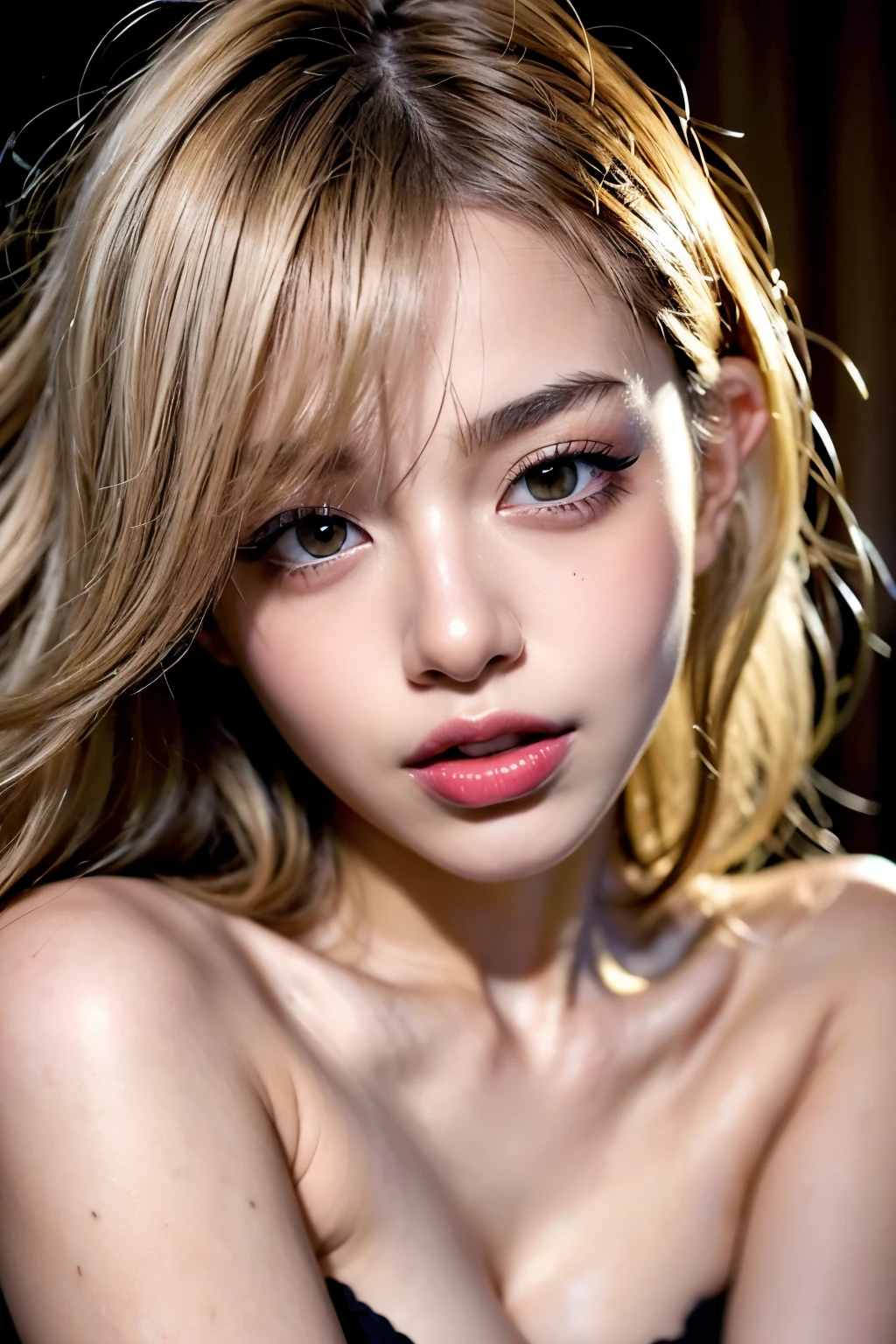 in a dim lit dark bedroom, late at night, a cute gir, lying down on the bed, sleeping, the head is pointing straight down, closed eyes, kiss-face, with a happy smile, hugging own body at chest level, wearing nothing, undressing, exposed skin, shiny white and pale yellow hair, very unkempt and messy hair, messy hair falls over her face, slendar figure, beautiful taned-colored skin, sunburned, sweat splashes a lot, glossy gal-inspired makeup, blushing, mouth is open widely, sticking tongue, begging, cuddly, racy, provocative, refined sensuality, captivating presence, sexiness, alluring, close-up shot of the upper half of the face, {realistic photo style}, {cinematic}, {dramatic}