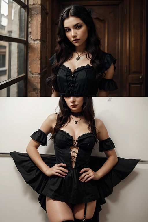 beautiful gothic girl, braided hair, gothic corset with laces showing her belly, tutu mini skirt, spiked bracers, fishnet stockings, muscular abdomen, belly button