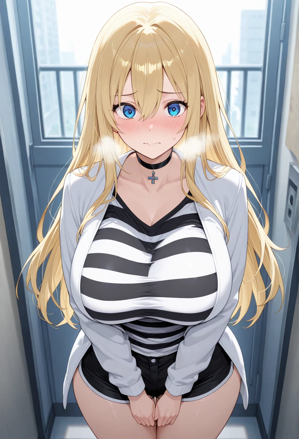 ,orange jumpsuit, uniform, orange pants,Waist Chain, Hands tucked in between thighs, arms tucked in between thighs, Handcuffs, big breasts, long white hair, blue eyes, milf