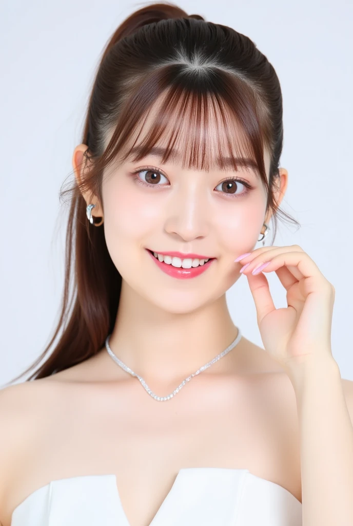 Highest quality, (beautiful)、A flashy mini dress with shoulder straps、Larger breasts、Brown Hair、looking at the camera、bed、Close-up、necklace、Small earrings、night、smile