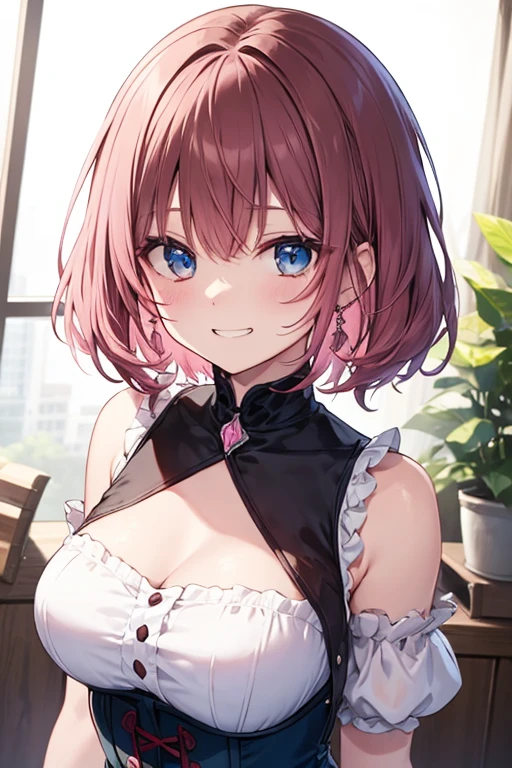 Tall girl, short pink hair, high ponytail, Fox ears, pink eyes, Fox tails, light dress, open shoulders, Masterpiece, hiquality