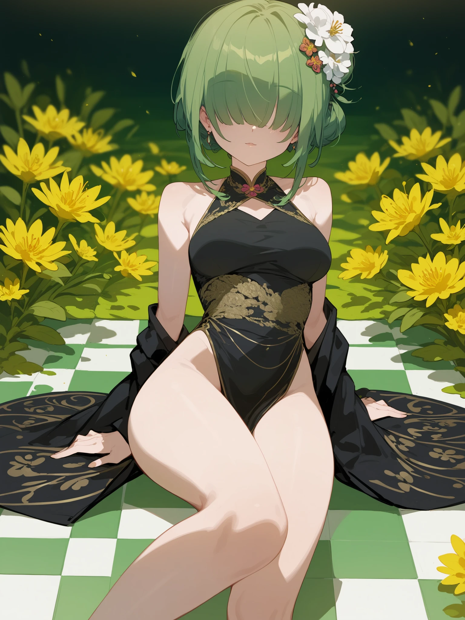 girl,Green Hair,in yellow eyes, Hair over one eyes,girlตั๊กแตน,Slim Sleeveless Black Kimono,Slim legs,Slender arms ,Slender,,Green Striped Floor,Embroidered Flower Pins,short hair,Hair bun,milf,