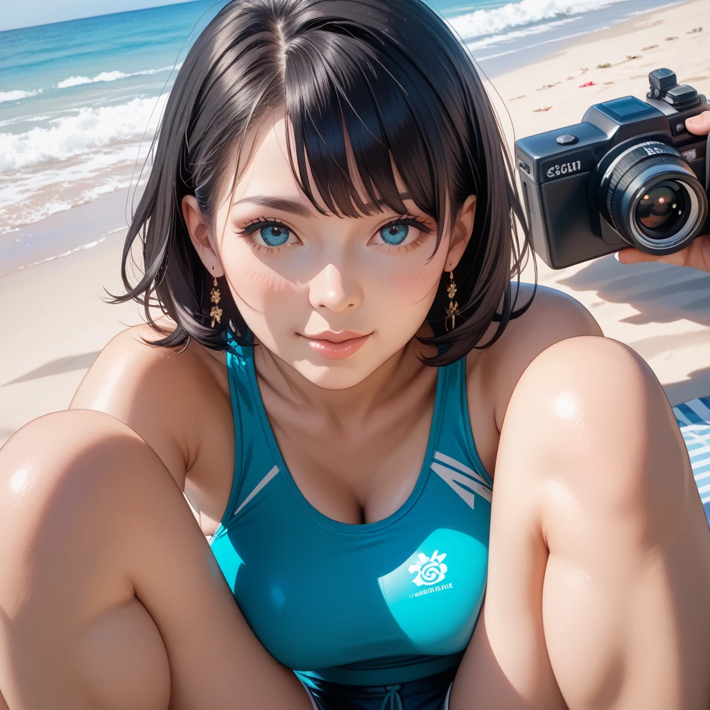 Realistic Photography, Beautiful Young Female ,Short hair ,river, extremely delicate and beautiful},Outstanding light and shadow, highly detailed wallpaper,Clear and bright sunlight, taking a selfie, micro bikini