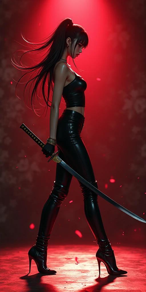 A tall girl with black hair with red highlights, Red eyes, having a black and red katana in his hand from one piece 
