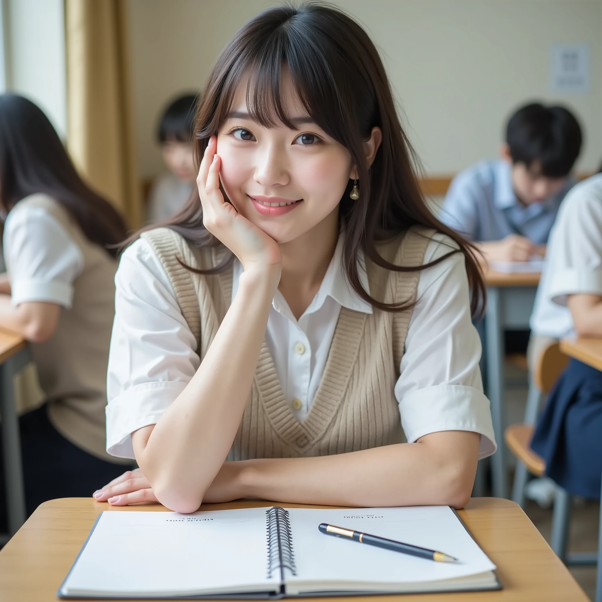 『1 Japanese girl:1.3』『real photo:1.3』Highest Quality:1.2、((big breasts))、with a slight cleavage、((Young woman))、『teeth lol:1.9』、(((anatomically correct、perfect anatomy、anatomically correct指)))、a slender body,realistic, Highest Quality, Ultra High Definition, RAW Photo, (Curvy body)、full body,the appearance and smile like an idol,During class,the notebook is open on the desk,the mechanical pencil is placed on the notebook,I'm sleeping with my face on my palm and my elbow on the desk,The palm of the hand is the position of the cheek,the students around them are also studying at the desk,wearing a beige sweater vest over a white shirt,The skirt is navy blue