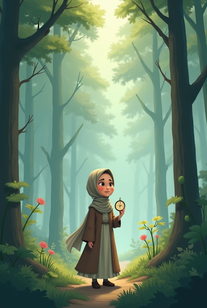 Create a realistic image of the back of a beautiful Muslim woman, showing strength, wearing a red niqab and blue clothes, holding bows and arrows, walking in a forest full of snow, and around her there are owls and hawks, and a magnificent hawk stands on her shoulder, and she cautiously approaches a silver wolf and tries to tame it. Make her look like Pretty much reality
