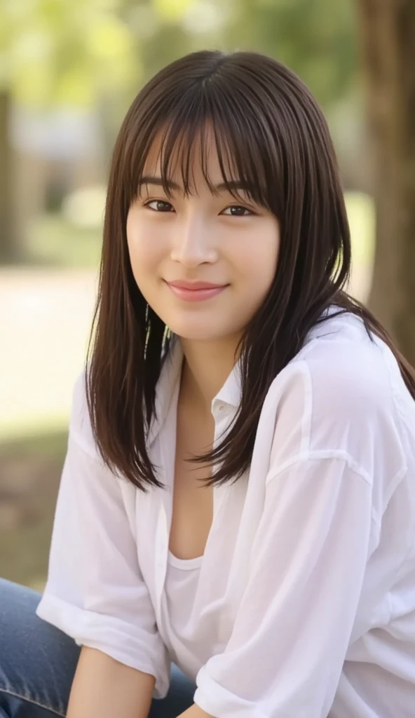 (8k, RAW photo, best quality, masterpiece: 1.2), (photorealistic : 1.6), (masterpiece), (best quality: 1.0), (highest quality: 1.0), (ultra hi-res: 1.0), detail, twenties, one, detail beautiful skin, detail room, ,realistic skin, middle breast, best quality, ultra high definition, cute, long hair, smile, , white shirt, , sitting on bed,