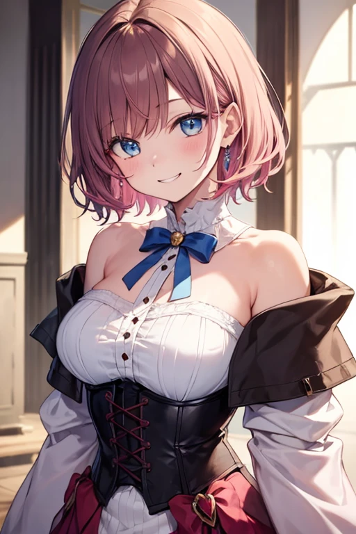 detectivelunch break, Smile, short hair, Bangs, blue eyes, shirt, hair accessories, long sleeves, skirt, bow, white hair, hairpin, blunt Bangs, bowtie, red bow, x hair accessories, red bowtie, lunch break, (Medium chest:1.2), rest looking at viewer, rest outside, rest (masterpiece:1.2), best quality, high resolution, unified 8k wallpaper, (illustration:0.8), (Beautiful and delicate eyes:1.6), extremely detailed face, perfect lighting, Extremely detailed CG, (perfect hands, perfect anatomy),
