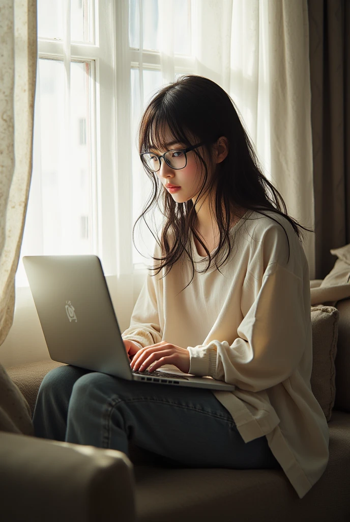 ((Highest Quality、masterpiece、high sensitivity、high definition、detailed depiction、depicting a delicate face、Fvalue:6.0),((Slender Woman、wearing glasses)),sitting on the sofa、Put your laptop on your lap、and the curtains flutter、