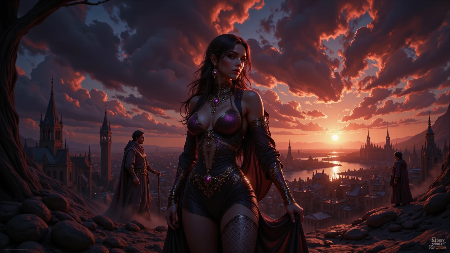 Sunrise, Fantasy, intricate city with dark alleyways, highly detailed, digital painting, artstation, concept art, sharp focus, illustration, art by greg rutkowski and alphonse mucha