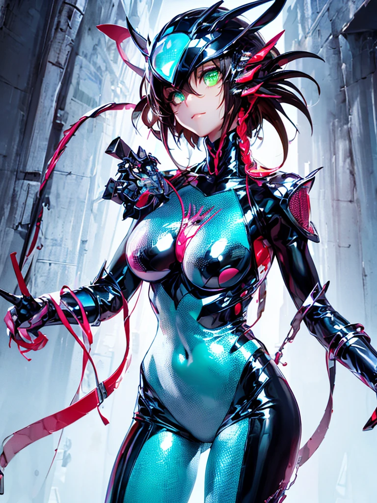 {{1 female},{{{{{Tabletop++, Highest quality++, Very detailed+, Ultra-high resolution,(Realistic:1.4)Cowboy Shot, Mecha Girl, hatsune miku, (Vocaloid)RAW Photos,(hatsune miku)+,(hatsune miku)+, (Vocaloid) Expressionless, Light blue hair, Red eyes ,clavicle, Twin tails, ((Black Bodysuit 1.6)),so beautiful, Highest quality, Absurd, One Girl, Brainwashed,}}}} Hollow Eyes,(Eyes glow red :1.4)), ((Big Breasts:1.5))、((metal armor:1.5)), (The shape of the genitals is clearly visible)) cyber punk, Dark Lab, Dark Room,(Neon Light:1.2), (night:1.5), (place your left hand on your hip)