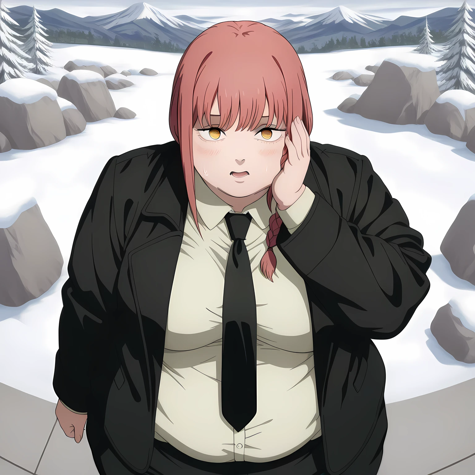 masterpiece, best quality, amazing quality,,  makima, makima (chainsaw man), long hair, bangs, yellow eyes, braid, red hair, braided ponytail, ringed eyes, mature female, medium breasts, anime screencap, shirt, long sleeves, jacket, white shirt, necktie, collared shirt, pants, black jacket, black pants, formal, suit, black necktie, shirt tucked in, office lady,, from above,, mountain, rock, height, snow, trees, cowboy shot, solo, looking at viewer swollen face, fat, chubby, obese, open mouth, out of breath, absurdres, highres icon, rating:General, confused, blush, {flustered}, nervous sweating, portrait, pov hands, hand on another's cheek, averting eyes, [looking away], straight-on, from above,  upper body, masterpiece, best quality, ultra-detailed, high resolution, 8K, 
