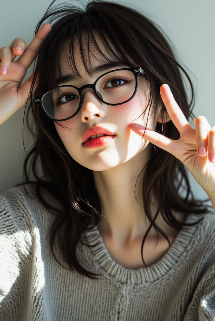 ((Highest Quality、masterpiece、high sensitivity、high definition、detailed depiction、depicting a delicate face、Fvalue:6.0),((Slender Woman、wearing glasses)),takes a selfie with a smartphone、peace sign and wink、 smiling and 、