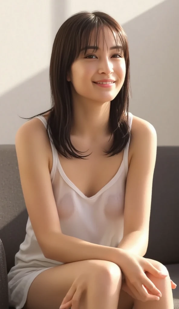 masutepiece, Best Quality, 
Ultra-detailed, finely detail, hight resolution, in 8K,
(8k, RAW Photos, highest quality, masterpiece:1.2), (Realistic, photo-Realistic:1.37), Very detailed, Ultra-high resolution,1 girl,Looking at the audience,Beautifully detailed face,smile,narrow,(Narrow waist:1.3),White underwear, Beautiful, smooth skin, Skin Texture, Floating Hair,Professional Lighting,((bending forward)),((Smile,Harajuku)),((Sexy shot looking at camera)), Japanese Gravure Idol、((17-year-old:1.5))、Small hands、Small Breasts、Beautiful legs、((I can see her cleavage:1.0))、There is a gap、((sitting on a desk)), ((white camisole:1.3)), ((Thin legs))