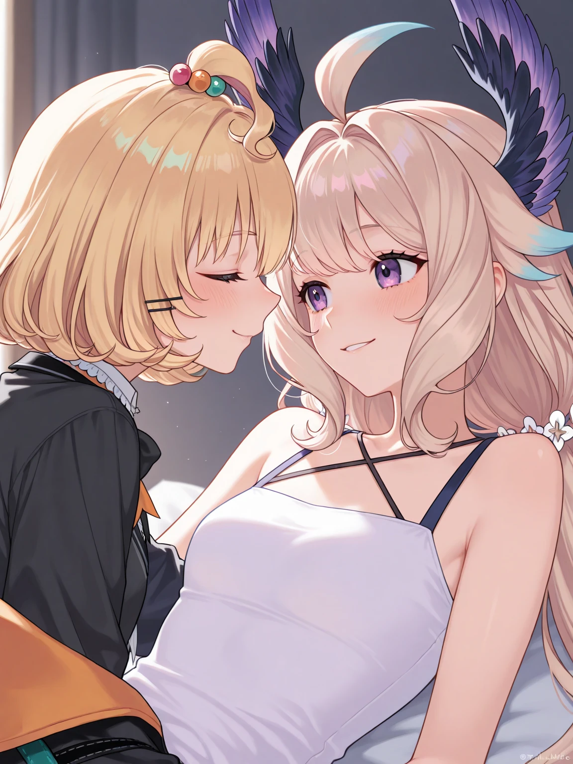 red girls, scale, (clear eyes), long dress, flat breasts, , , kiss, yuri, looking at each other, hug, passionate, touching, tongue, mouth open, toga and kotoko, (2girls), short hair, two separate girls, different hair, blonde hair, french kiss, romantic, erotic, bed, bedroom, beautiful face