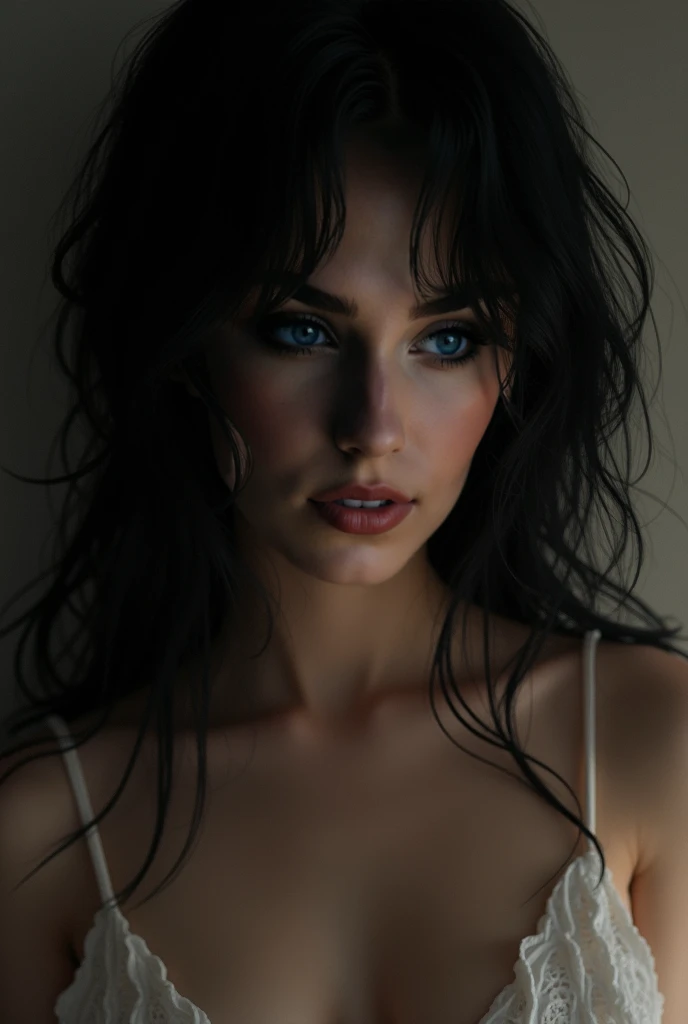 (((ultra realistic))) ())  Photo, masterpiece, top quality, pale skin, (Ultra detailed face and eyes:1.2), 1 Indian woman, Indian actress, beautiful woman, gloomy atmosphere, Dark background, (Eye makeup, mascara) , ((Dark wavy hair)) , ((Stylish hairstyle)) , Natural breasts, [[Slim waist, slender body]] . ((Posing)) , (body curves), In Lifchik, photoshoot, studio (Contour lighting), (The play of light and shadows), depth of field, bokeh, (special attention to skin detail: 1.2), Detailed texture, skin pores, ((Dark and gloomy atmosphere frame. color scheme - Ashen, Tons)), (Film grain, VHS effect), (shine) , ((deep blue eyes)) , ((close-up portrait, close to the camera)) , ultra detialed,  ((Huge perky breasts, cleavage 1.8, deep cleavage, thick thighs))(freckles 0.8, freckles on breasts, freckles on face)((long curly Black hair, ((deep detailed eyes, shiny skin, oily body)) smiling , curly hair, ((full body)) ((beautiful oily shoulder, neck))((, spreading legs wide open, erotic look, chin up, open mouth, seductive look,))((one hand on hips, )) ((laying on beach, spreading legs wide open, hand in hair, chin up, ))((white colour pyjamas, , Pov from back))((ha)