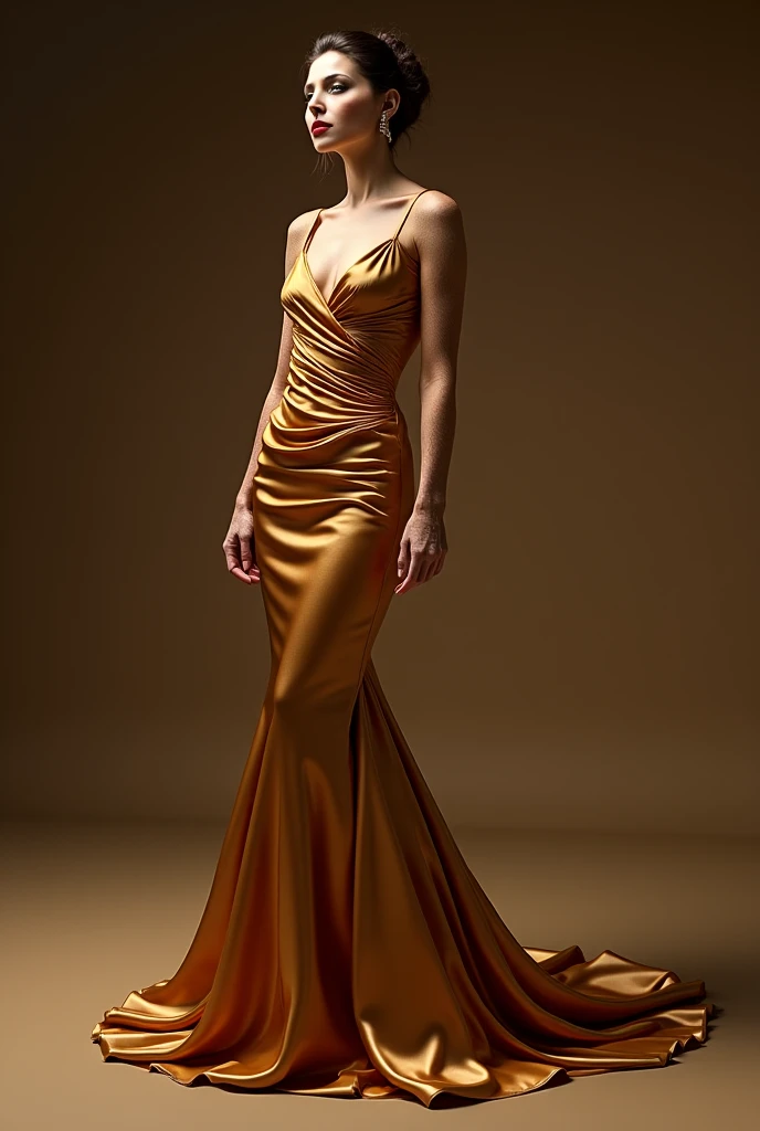 A graceful female model with fair skin posing in a flowing gown, in front of a vibrant sunset.