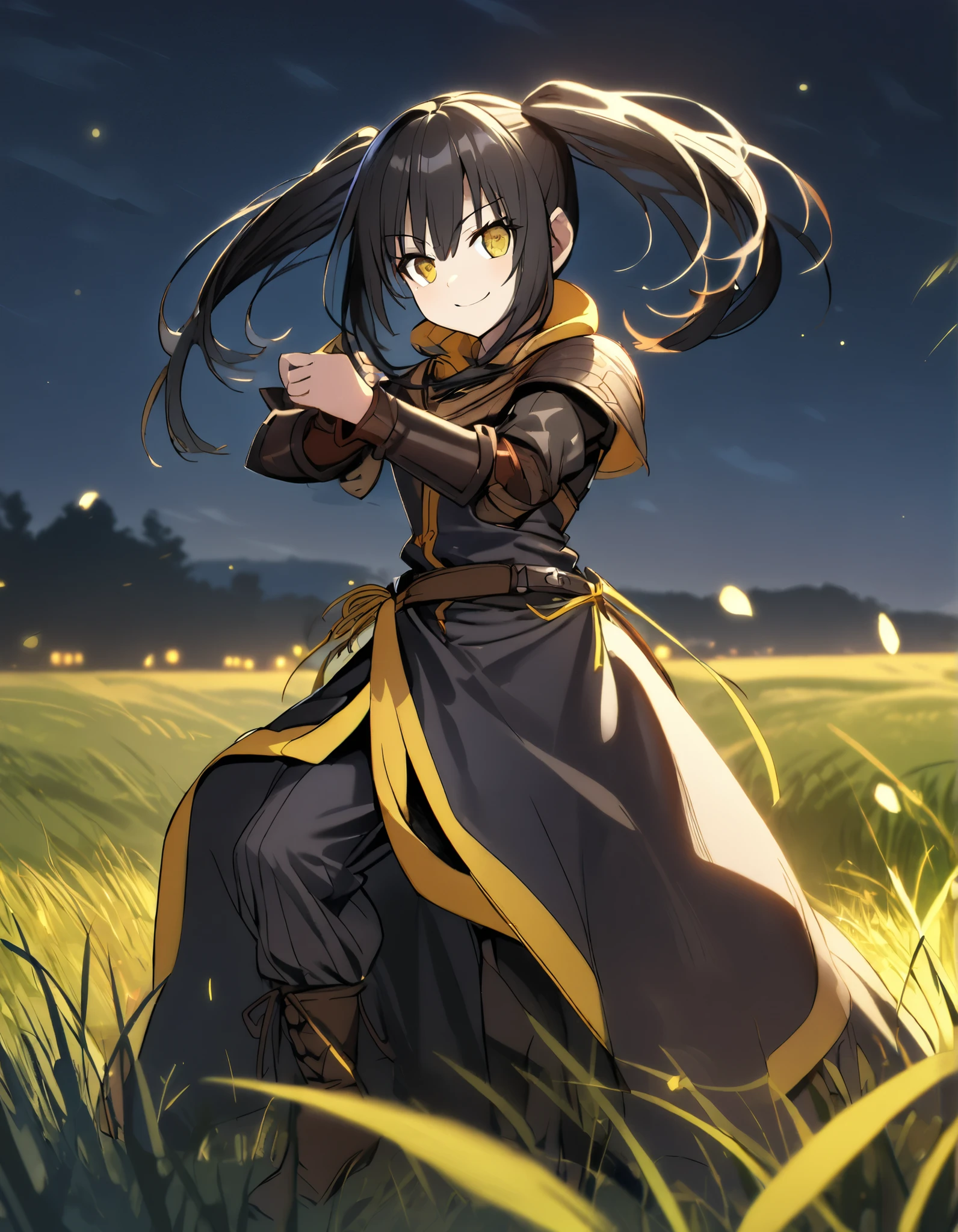 1girl, black adventurer clothes with yellow details, yellow eyes, clock eyes, black hair, pigtails, combat pose, kurumi face, smile, full body, medieval, at night, grasslands, at night, yellow details in the clothes