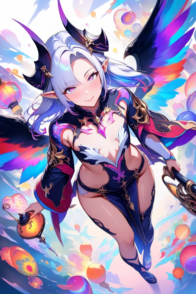 Young Devil Woman、Short dress with slit、see -through、cleavage、Jewel-like iridescent eyes、Anime Art Style、A smile、exalted、Full body、dynamicposes、Hair with waves、rainbow-colored hair、Half stockings、、garterbelts、The nipple is visible、excited、double tooth、Devil's Wings、tattoo on crotch