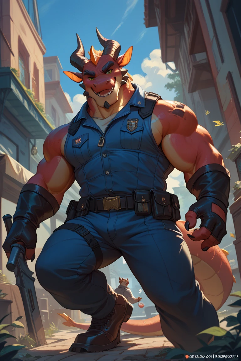 anthro, solo, delga, dragon, clothing, male, topwear, muscular, muscular anthro, jacket, shirt, fingerless gloves, green eyes, muscular male, red body, looking at viewer, hi res, bottomwear, tatoo, white vest, blonde hair, detailed background, photorealistic, realistic hands, 8k hd, extreme detail, (dark shadows, wide dynamic range, hdr, low light:1.2), by canyne khai,by milkytiger1145,by takemoto arashi,by null-ghost, sexy, seductive look

