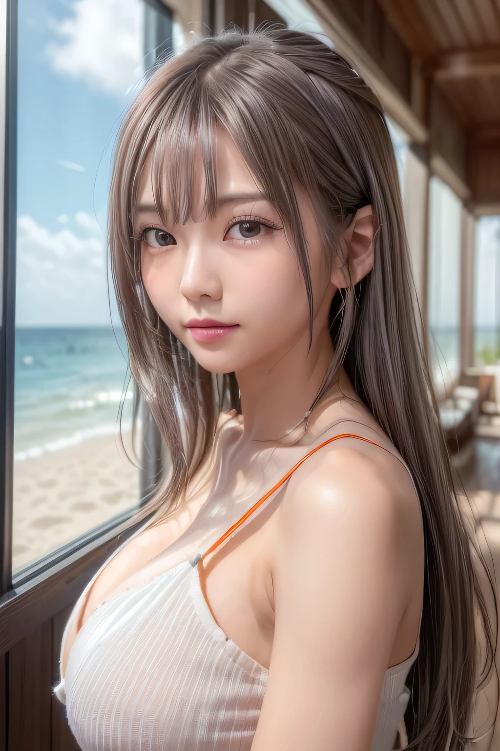 Beautiful young Japanese woman,, Light, shiny, brown, silky, shoulder-length hair, Wearing a light silver bikini, Perfect dynamic composition, Beautiful Eyes,Beautiful Face,Fine hair, Detailed and realistic skin texture, A gentle smile, Model body type、Slim and toned waist、whole body