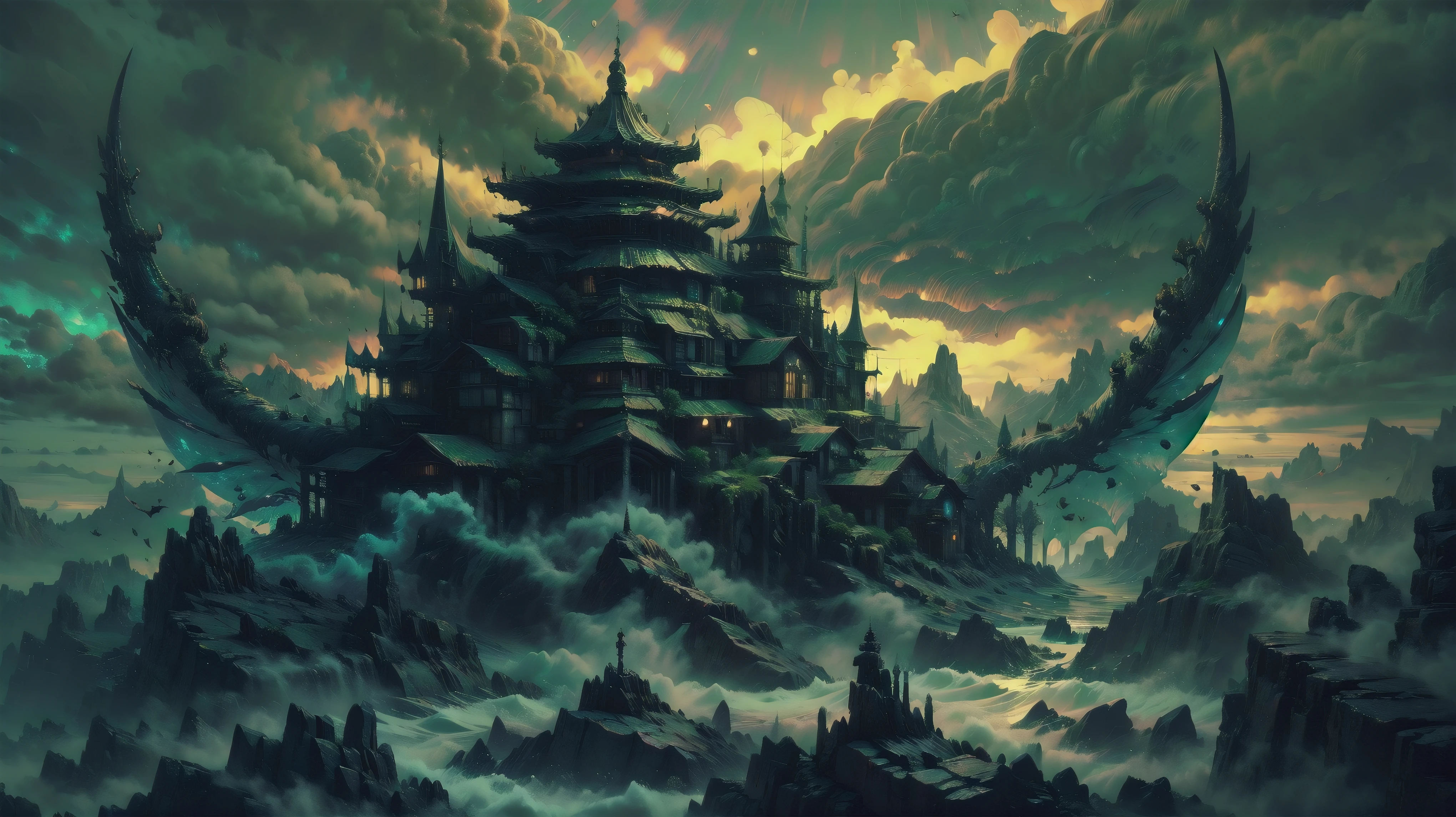 Aerial photo、 Dragon Quest、temple, thunderstorm, fantasy, 