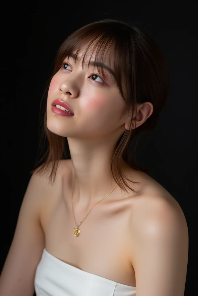 ((((upper body shot)))),(((nude))),(((nipples))),(((sagging breasts))),Ultra-high resolution,big eyes,Japanese,(forehead),(a girl),(1 girl),(baby face),((lolita)),((13 years old)),((cute)),pretty,earring,((facing at viewer)),(bob cut),necklace,((facing front))