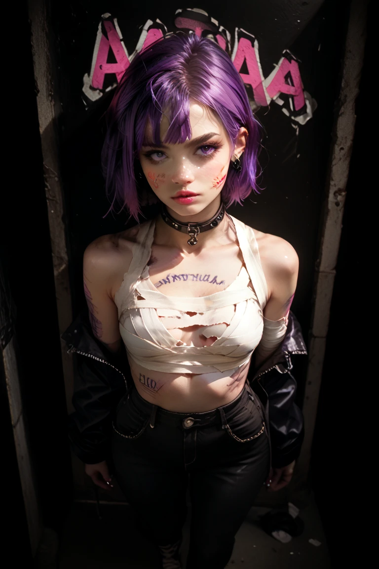 purpleとyellowで構成された絵画最高品質, High resolution,(A frame made of chains and ruins),pretty girl、Small eyes、(Flat Chest), ((Odd colored hair,green,purple,yellow)), beautiful、、Tattered denim pants、Tattered black tank top、Circus、Collar with a large chain、Clown、(He is pointing a bloody knife at the camera)、Bold Pose