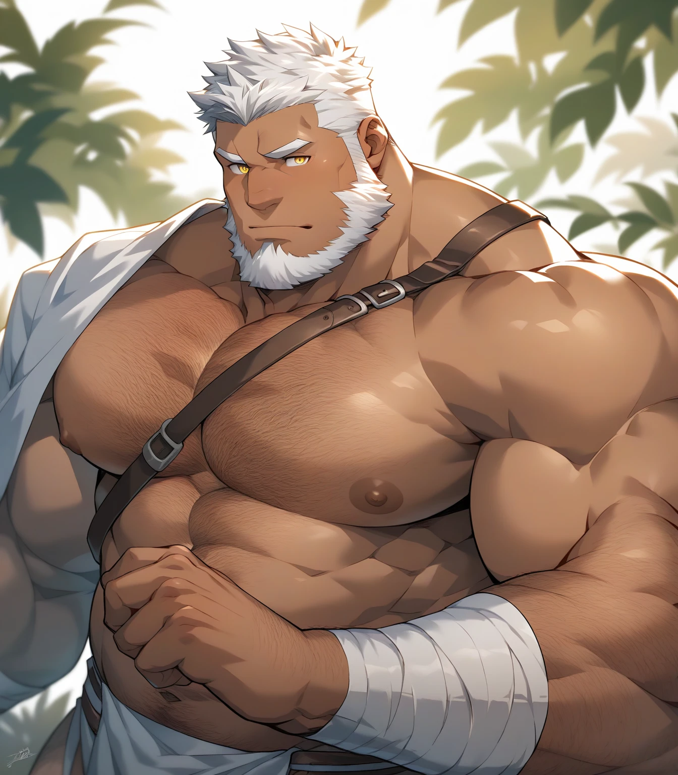male, (old man, maduro) (naked) muscular, prominent pectorals, big muscles, big male thighs, male nipples, long hair with gray, long beard with gray hair, hairy body, gray hair, detailed, ojos detaileds, blue eyes, detailed face, realist, big penis, anatomically correct, blushing with an expression of effort clenching his teeth, lying with his legs open stretching them in the air showing his anus, background of a forest