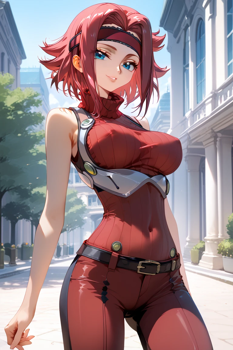 masterpiece, best quality, ultra-detailed, illustration,
(1girl), solo, beautiful detailed eyes, (upper body:0.8),sharp focus, glowing eyes, detailed 4k eyes,
<lora:risty-20:0.8>, large breasts, huge breasts, red hair, messy hair, very long hair, smile, purple eyes, headband, (hand on hip:0.8), (sleeveless, black turtleneck, blue jeans:1.1),
standing,
happy, laughing,
looking at viewer, modelshoot style, [simple background:beautiful scenery:0],
RTX, post processing, depth of field,
<lora:GoodHands-vanilla:0.5>