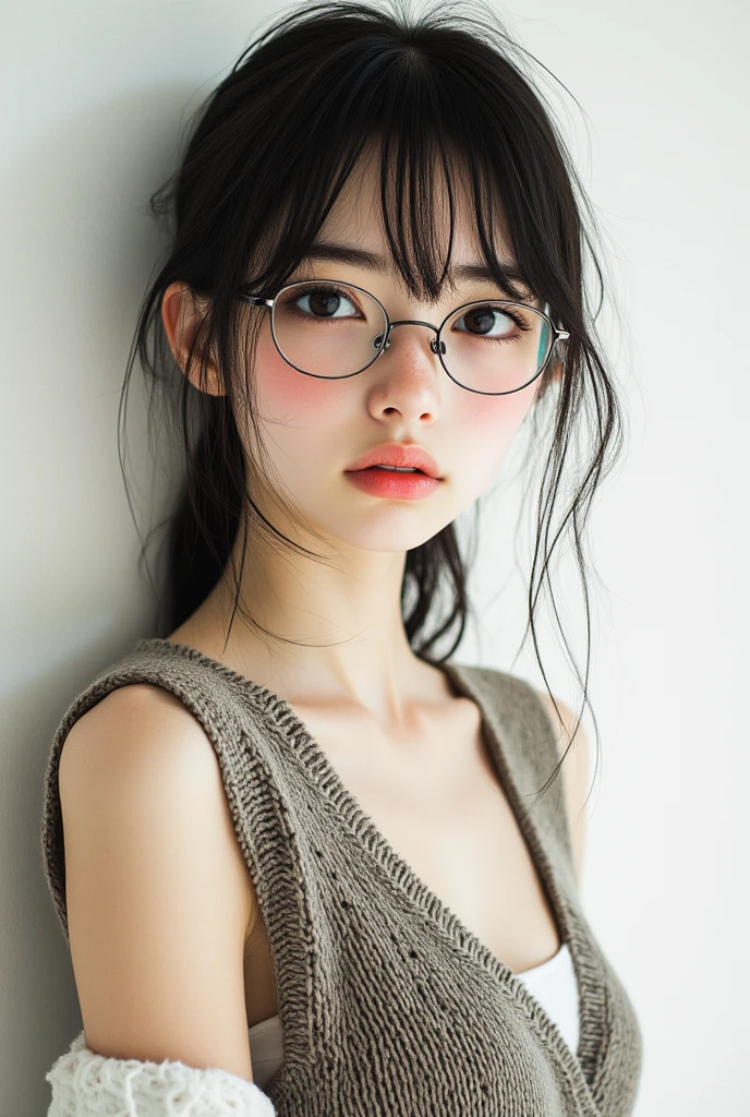 ((Highest Quality、masterpiece、high sensitivity、high definition、detailed depiction、depicting a delicate face、Ｆvalue：6.0),((Slender Woman、wearing glasses)), knitted vest、With Peko-chan's expression、