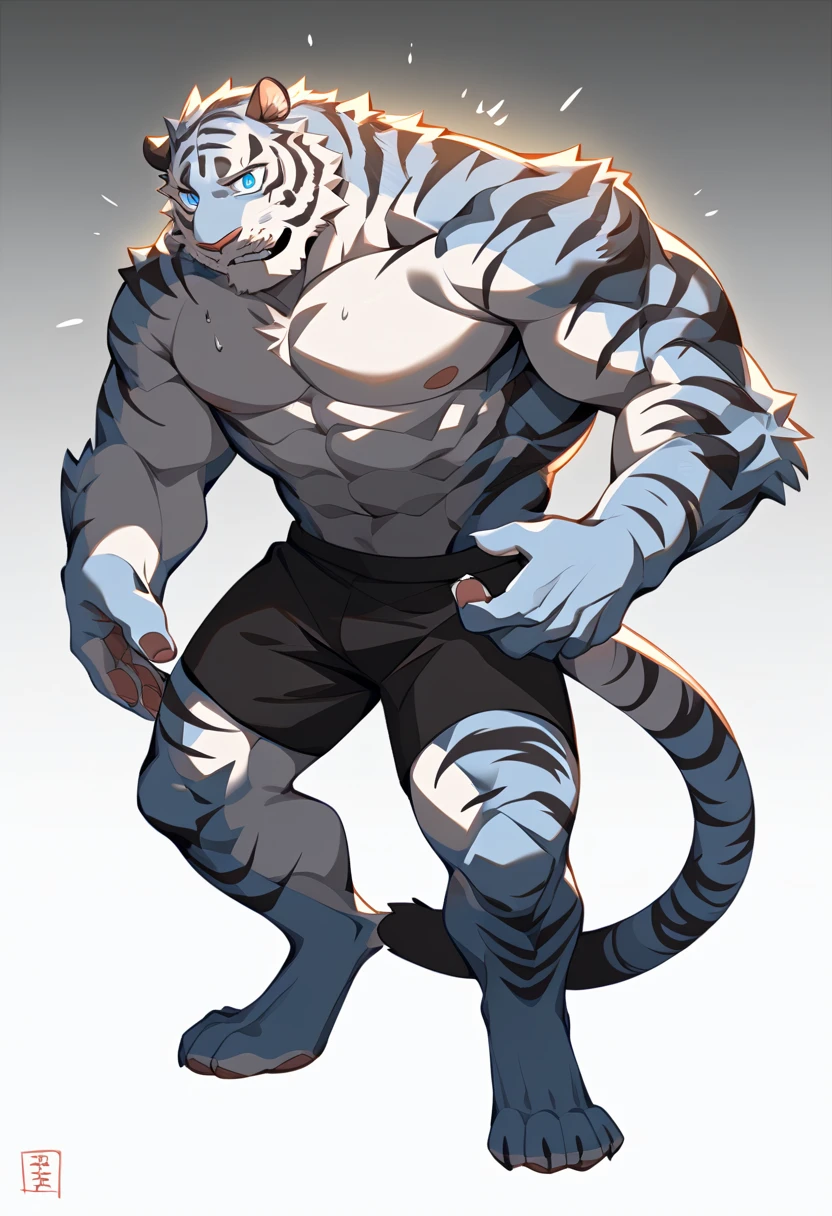 Garurumon, 4k, high resolution, best quality, detailed, posted on e621, solo, anthro body, older male, masculine, male, very masculine, (very muscular, defined muscles, heavyweight):1.2, (plain background, explosive background:1.1), correct anatomy, (orange eyes, detailed eyes:1.1), sexy, (cel shaded, cartoony shading, strong shadows, dramatic lighting):1.3, confident, (by wfa, by takemoto arashi, by meesh, by Taran Fiddler), strong, (half body, upper body, close up:1.1), open mouth, front view, arms behind head, hands behind head, leather underwear, belt