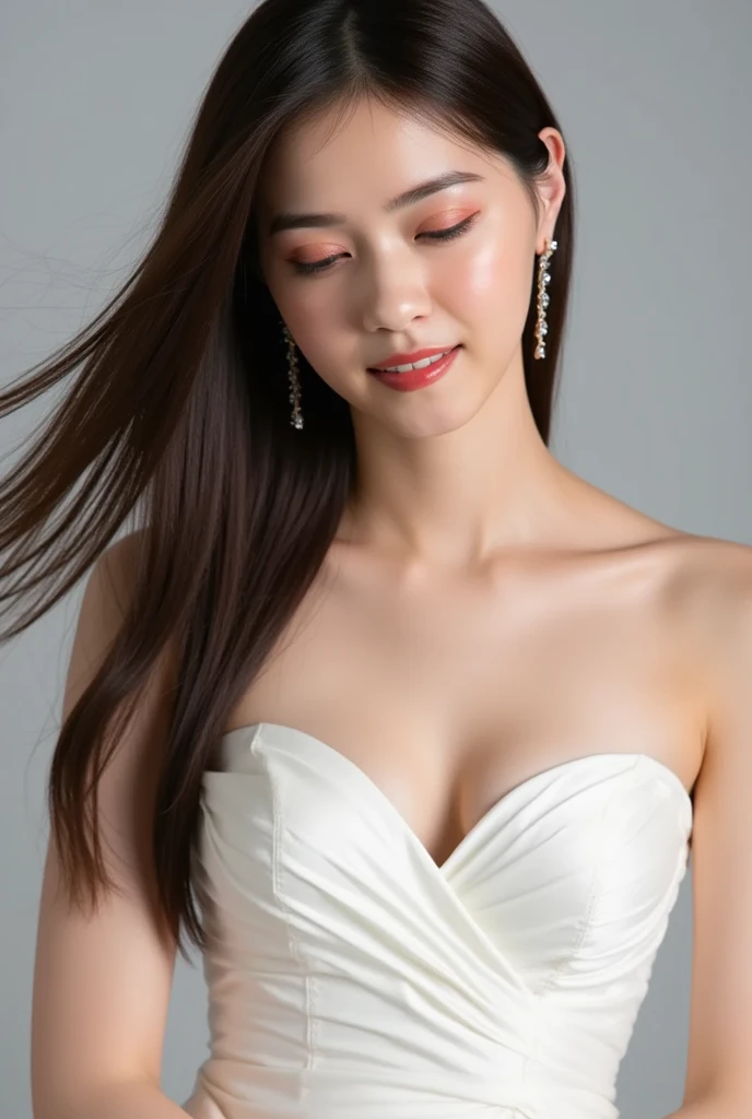 8k, Ultra-high resolution, Highest quality, masterpiece, 三分割法によるphotograph,Surreal, photograph, 1 Girl, (16 years old:1.3), pretty girl, Cute Face, 細部までBeautiful Eyes, 細かくdetailedに,masterpiece,One Girl:1.2,Japanese female announcer,close up,smile,Black Hair,Loose curly hair, (Beautiful attention to detail),Subtle details, detailedな顔, smile,Attractive girl,(女の子のポートレートphotograph:1.4),(Photorealistic images:1.4),Fantasy art,Gray background,(Beautiful Face:1.4),Beautiful and attractive eyes、Beautiful Eyes、(Tight waist:1.4)、(Beautiful girl with perfect body proportions:1.4),Red lips,Looking at the audience,(((Ideal body type))),A-cup small breasts :2,、Portraiture:2、Perfect ???????、鮮明なdetailed、detailed,Fashion magazine cover,Thin lips,完璧でBeautiful Face ,完璧でCute Face, Skin with attention to detail, Perfect limbs、Narrow waist,Surreal,Light and shadow,stage lights