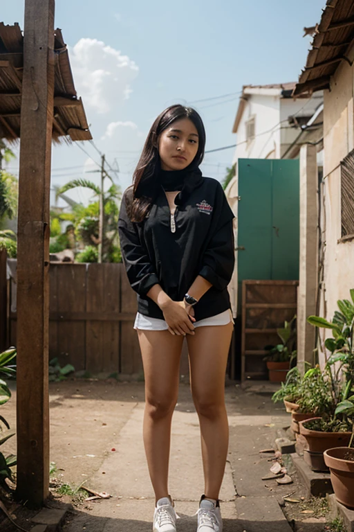 (pp clothes), from forehead, Indonesia school girl, desperately, peeing pants, outdoor.