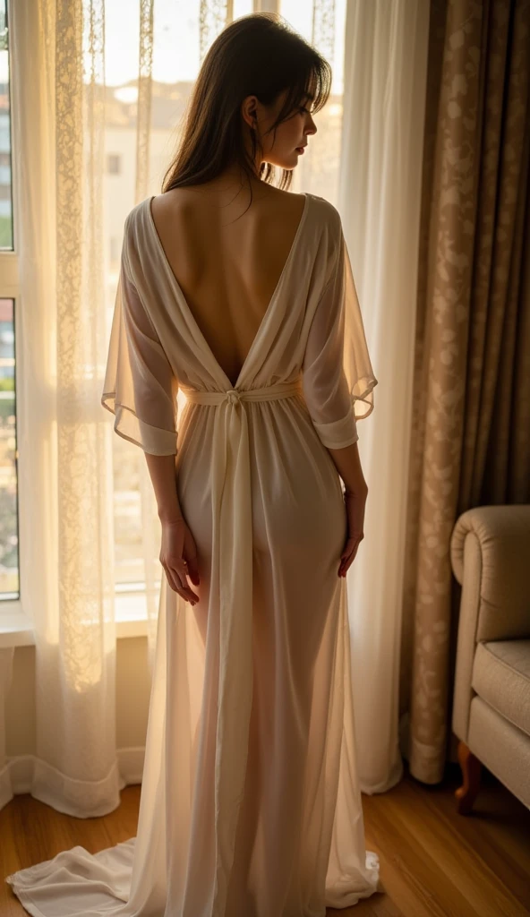 (Ultra Realistic), (High Definition), (8K), (Very Detailed), (Beautiful and Detailed Eyes), (Best Quality), (Ultra Detailed), (Masterpiece), (Detailed Face), Solo, One Girl, Adult Woman, Fine Details, Detailed Face, Natural Light, Smile, Bust, Short Bathrobe, Bath, See-through, Long Legs, Thin Waist, , Ultra Fine Makeup, Ultra Fine Clothes, (Raised )), ((Back)), Short Hair, Bob,