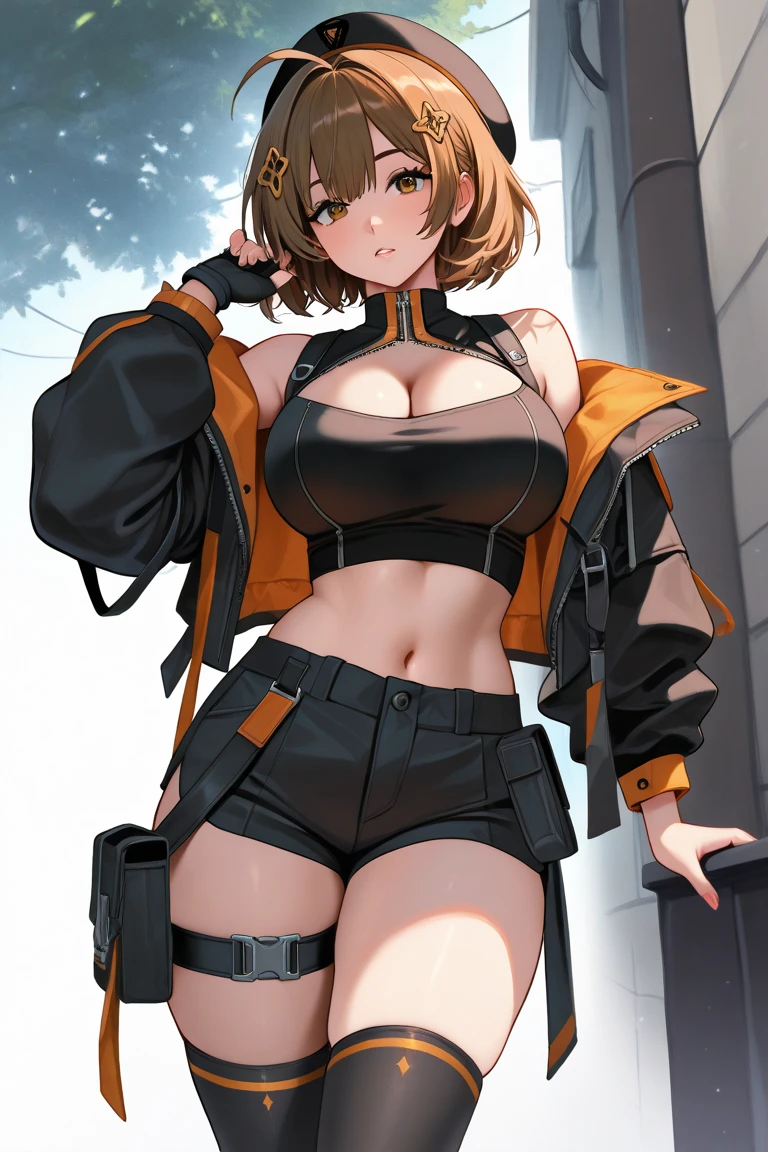 best qualtiy、ultra-detailliert、、1 girl in、独奏、nikkeanis、Cross-eyed、short-hair、open open mouth、large full breasts、Brown hair、hair adornments、brown-eyed、Yellow eyes、beret、cowboy shot、、