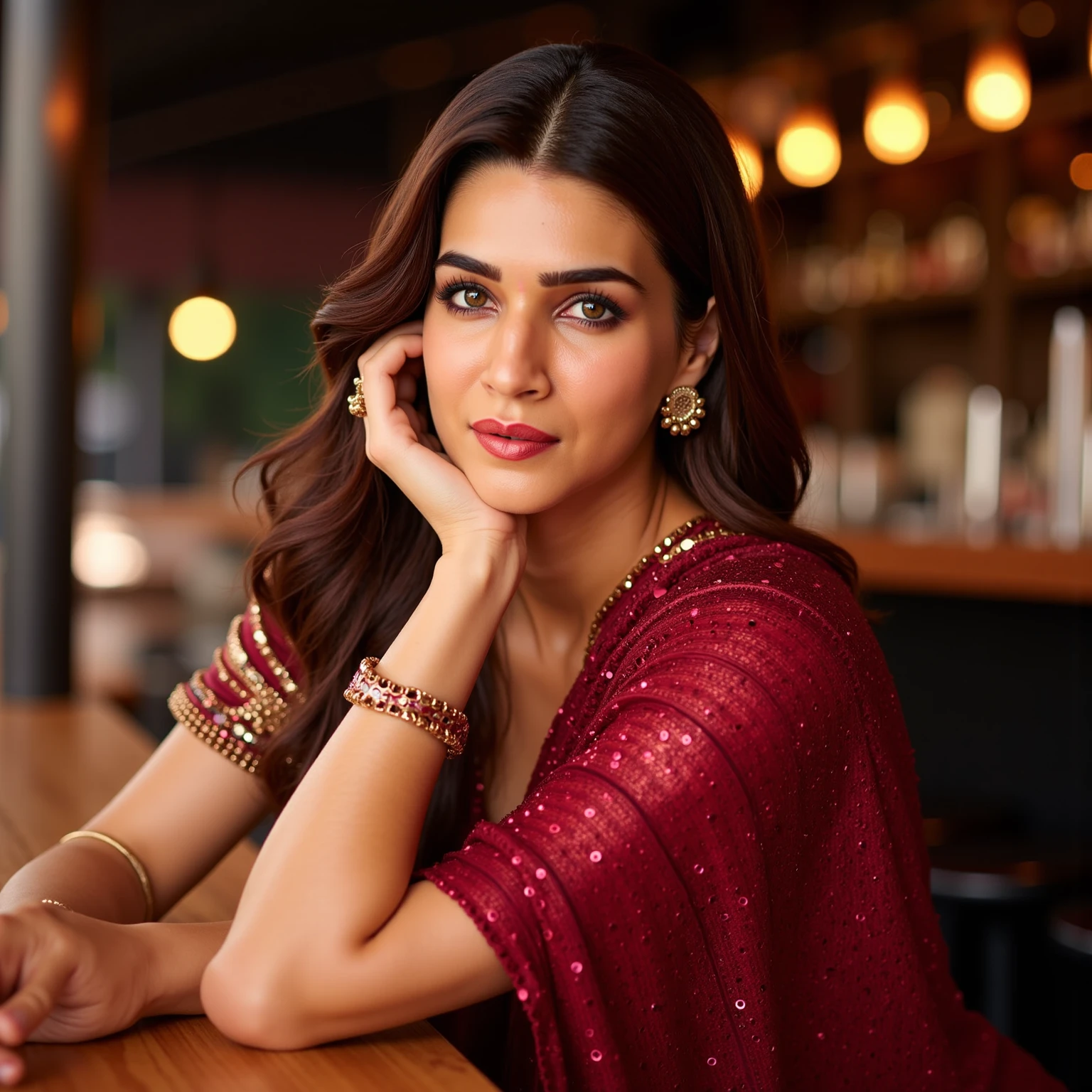 A close-up photograph of Deepika Padukone looking into a camera lens, wearing a red dress and white gloves, set against a black background, reminiscent of Andy Warhol's celebrity portraits