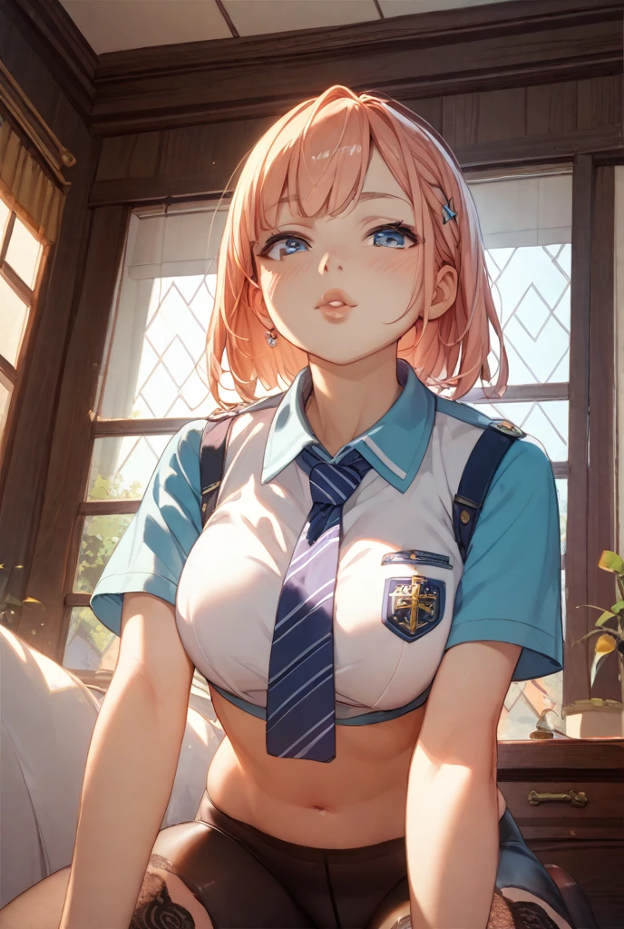 blonde, short hair, girl1, in the School classroom, (upper body), completely nude, (small nipples:1.2), (small areolas:1.2), kawaii, cute, purple eyes,(open white shirt)
