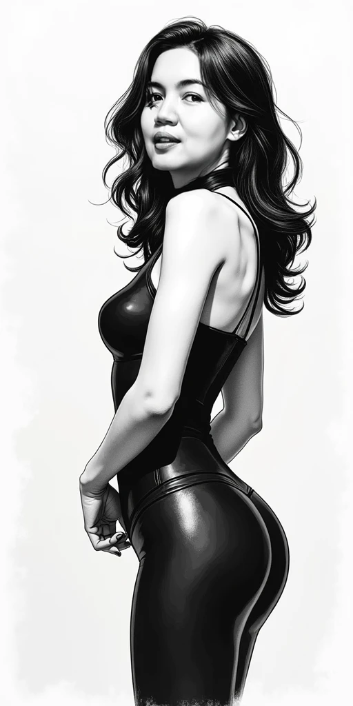 Anime, Best quality, Funny , 8 thousand., stockings with suspenders, woman, Medium breasts, drawing of a woman in black and white lingerie, Thick black line, high resolution commission, back and white, Толстый line drawing, with backlight, cute sexy butts, thick outline, 2 years, 2 years, Hands behind your back, body pose! , realistic perfect body with shading, black and white manga style, average, Sketch on paper