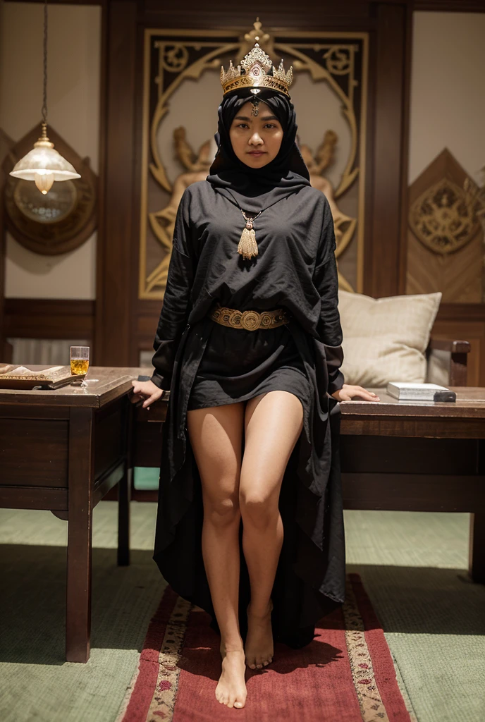 Young sweet beautiful Indonesian girl, 28 years old, slim body, georgeus face, beautiful small breasts, wearing white dirty short hijab to covering all her hairs, a senior smart indonesian scout trainer at camping aream a strong and humble girl, wearing very dirt long sleeve all unbuttoned indonesian scout jacket, there is a red cross badge on her pocket, there is a stetoscope on her chest, wearing black ruber boot, very realistic, very detail face, no cartoon, all good fingers have normal shape, normal legs shape, standing limp opened wide legs at in camping zone, sun shining to her body, vagina and breast are exposed and visible, sweat on all her skins, many sweat flowing on her redish exhausted face, enjoying her jobs, exhausted eyes, very exhausted face, her dark hairy vagina exposed, very dense hairs under her stomach are visible, no bra, no panty, no underwear, nude, she is forget to get dress,