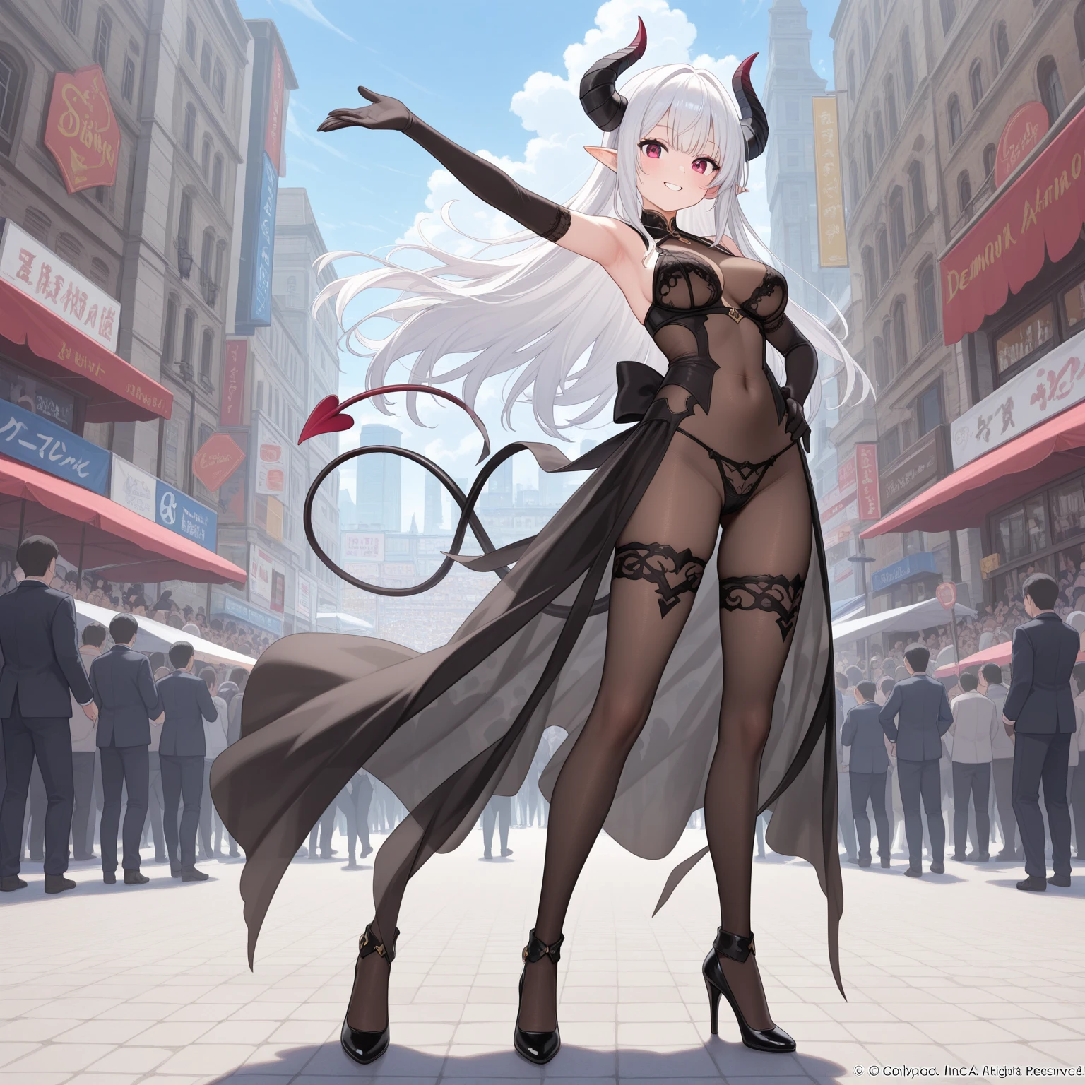 <lora:C_1920_shanghai:1>,, 1girl, solo, long hair, tail, thighhighs, gloves, horns, demon tail, black gloves, shorts, navel, looking at viewer, red eyes, white background, full body, short shorts, very long hair, sailor collar, simple background, sleeveless, brown hair, bare shoulders, demon girl, stomach, standing, neckerchief, multicolored hair, black shorts, single thighhigh, wings, hair ornament, head wings, black thighhighs, ribbon, demon horns, closed mouth, two side up, bangs, hair ribbon, micro shorts, demon wings, dress, collarbone, thigh strap, thighs, smile, shoes, half gloves, garter straps, arm strap, asymmetrical legwear, open fly, white dress, breasts