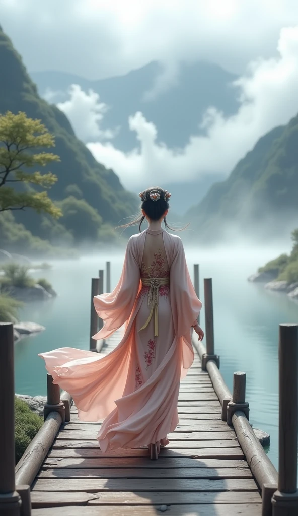 there is a woman that is sitting down on a bench,Looking out over the lake, Guviz-style artwork, Palace , A girl in Hanfu, Guviz, guweiz masterpiece, by Yang J, Beautiful character painting, Beautiful digital artwork, beautiful digital painting, author:Zou Zhe, A beautiful artwork illustration, ross tran. scenery background